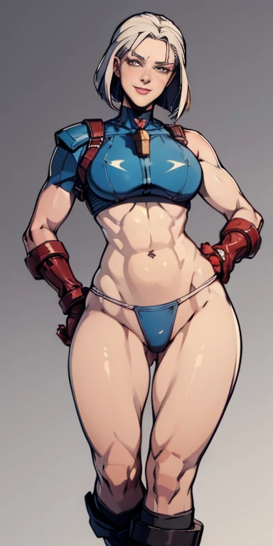 ((Plain background 1:2)) (Cammy White Street Fighter white silver short bob haircut) 1 solo female artoria, rpg game, artoria pendragon (fate), (breastplate, choker, bracers, handcuffs, shackles, rerebrace, armored, high boots bootstraps, shoulder armor, faulds, poleyn, gloves, gauntlets), lustful smirking smile face red blushed red cheeks, (hands (clenching) on hips), loincloth, pinched eyes, (big-:1.5) thin legs, thin body, leather collar, view from below, wide hips