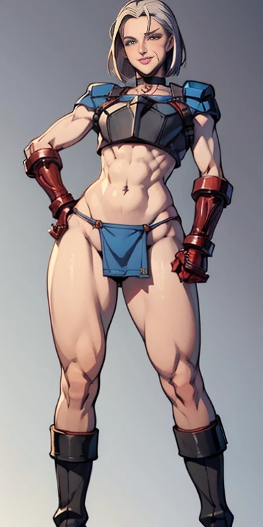 ((Plain background 1:2)) (Cammy White Street Fighter white silver short bob haircut) 1 solo female artoria, rpg game, artoria pendragon (fate), (breastplate, choker, bracers, handcuffs, shackles, rerebrace, armored, high boots bootstraps, shoulder armor, faulds, poleyn, gloves, gauntlets), lustful smirking smile face red blushed red cheeks, (hands (clenching) on hips), loincloth, pinched eyes, (big-:1.5) thin legs, thin body, leather collar, view from below, wide hips