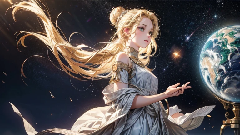Best image quality, High resolution, 8k, Realistic expression of every detail, Photorealism. A celestial globe-like space, Concept Art, A woman studying astronomy, 18-year-old, Her hair is blonde and tied up in a casual bun., A few wavy strands of hair framed her face.. Her green eyes sparkle with insatiable curiosity.. She is dressed like a goddess in a gorgeous outfit, A planet floating in a fantastic space, Milky Way Galaxy, Her expression is calm and serious.,Her whole body is visible, I can see many twinkling stars,