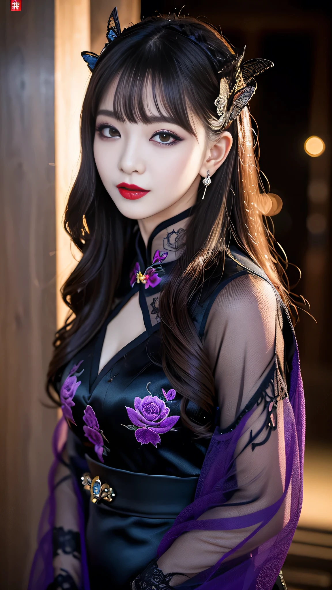 best quality、ultra-detailed、4k、Japanese、Seductive beauty、seductive adult woman、Pretty Woman、cool girl、Villainess、brainwash、Fallen into evil、smirk、Evil look、Wicked Smile、evil、Brown hair、wavy hair、swept bangs、Butterfly Hair Ornament、dark makeup、dark makeup、piercing eyes、hollow eyes,half-closed eyes、Hollow Eyes、Purple Eyeshadow、black lipstick、black lipglos、Long Black Cheongsam、Wide sleeves、night、inside darkroom、Have lipstick、Engraving a rose pattern、Emblem of Evil、Crest of Darkness、Swear allegiance、I have pledged my allegiance、