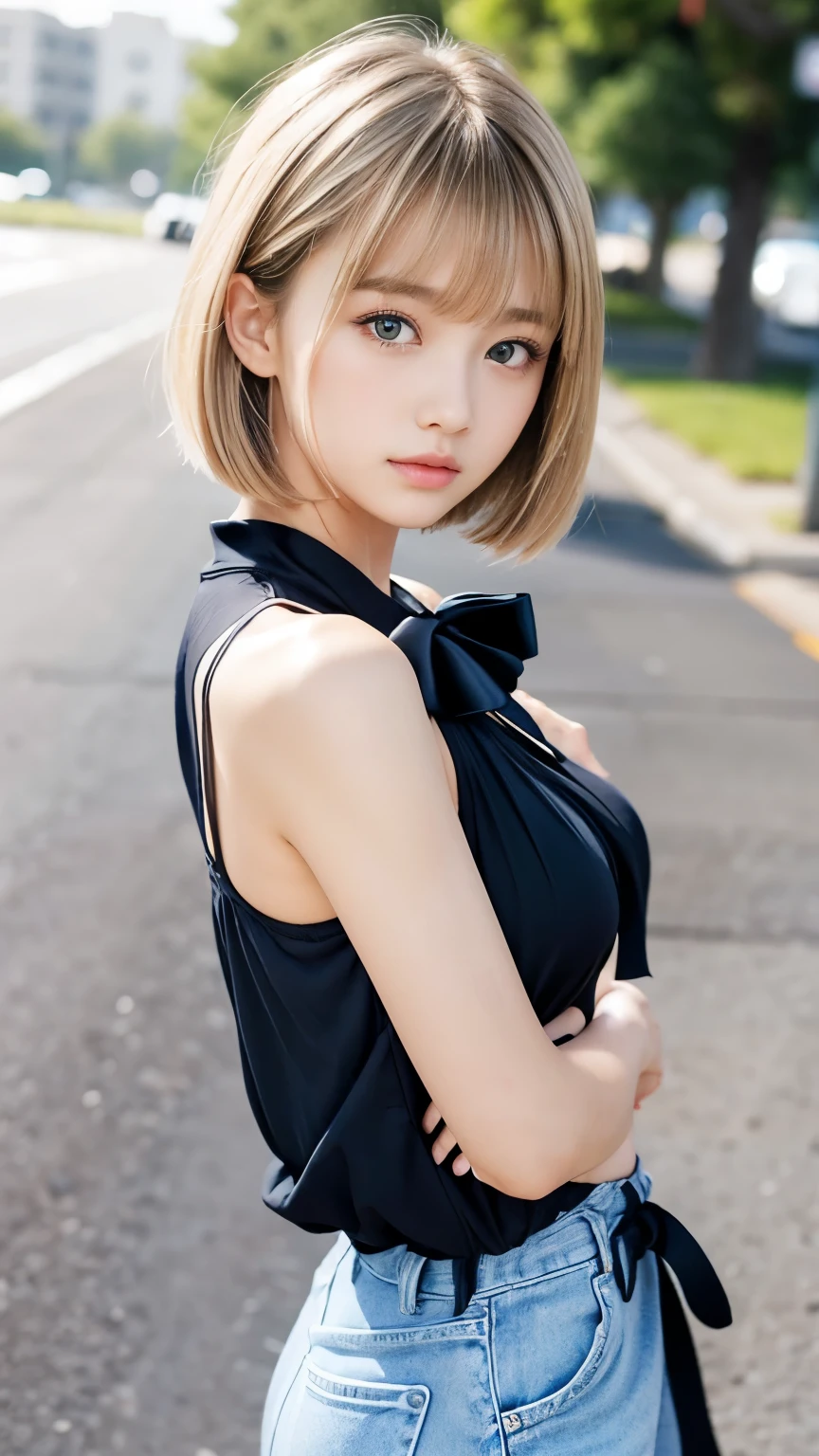 Sexy big 、Sexy cute looks and cute 15 year old beautiful girl, Beautiful and sexy face、A strong wind blows my hair in front of my face、A short-haired blonde with cute, sexy eyes hidden by long bangs.、Cute ribbon