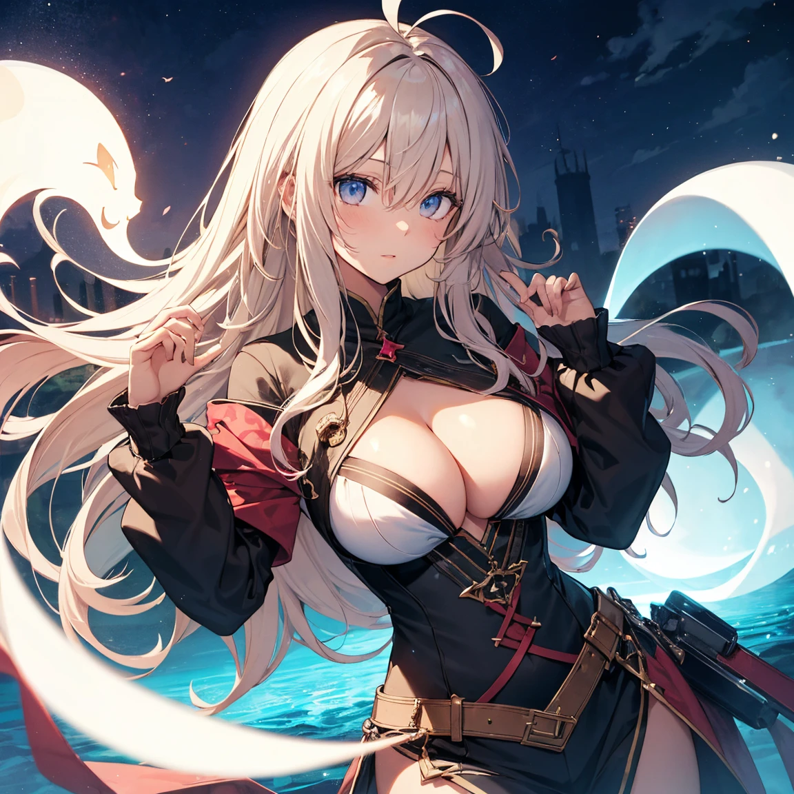 Night World, Perfect female body, 1 girl, Huge ahoge, Small breasts, Light Skin, Larger clothes,Fantasy,ghost