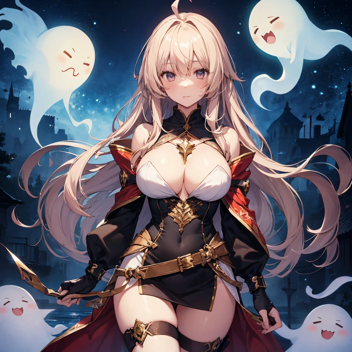 Night World, Perfect female body, 1 girl, Huge ahoge, Small breasts, Light Skin, Larger clothes,Fantasy,ghost