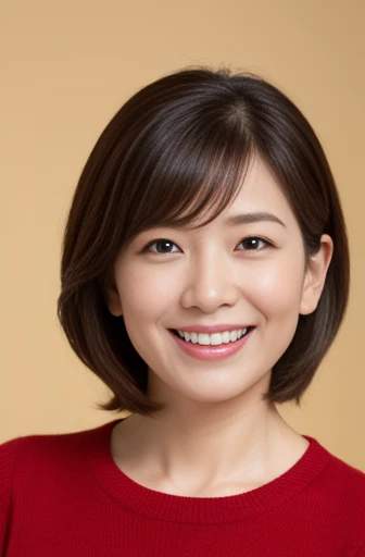 Masseter Film, highest quality, masterpiece, High resolution, realism, Original photo, 8k wallpaper, perfection, Professional Lighting, Very detailed, Written boundary depth, ((Beautiful woman)), ((Sexy 43 year old woman in red)),,  ((A kind smile)), Detailed face, Beautiful Eyes,, bangs, A photo of your face, (sexy look), Brown Hair, (Thick lips), Looking down at the viewer,short hair