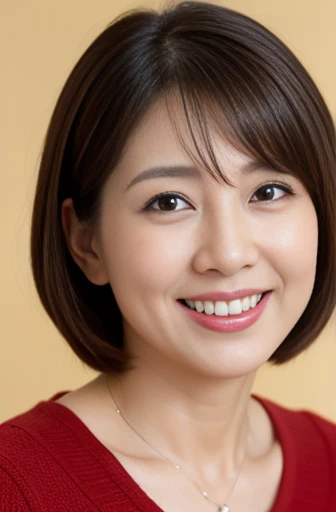 Masseter Film, highest quality, masterpiece, High resolution, realism, Original photo, 8k wallpaper, perfection, Professional Lighting, Very detailed, Written boundary depth, ((Beautiful woman)), ((Sexy 43 year old woman in red)),, ((A kind smile)), Detailed face, Beautiful Eyes,, bangs, A photo of your face, (sexy look), Brown Hair, (Thick lips), Looking down at the viewer,short hair