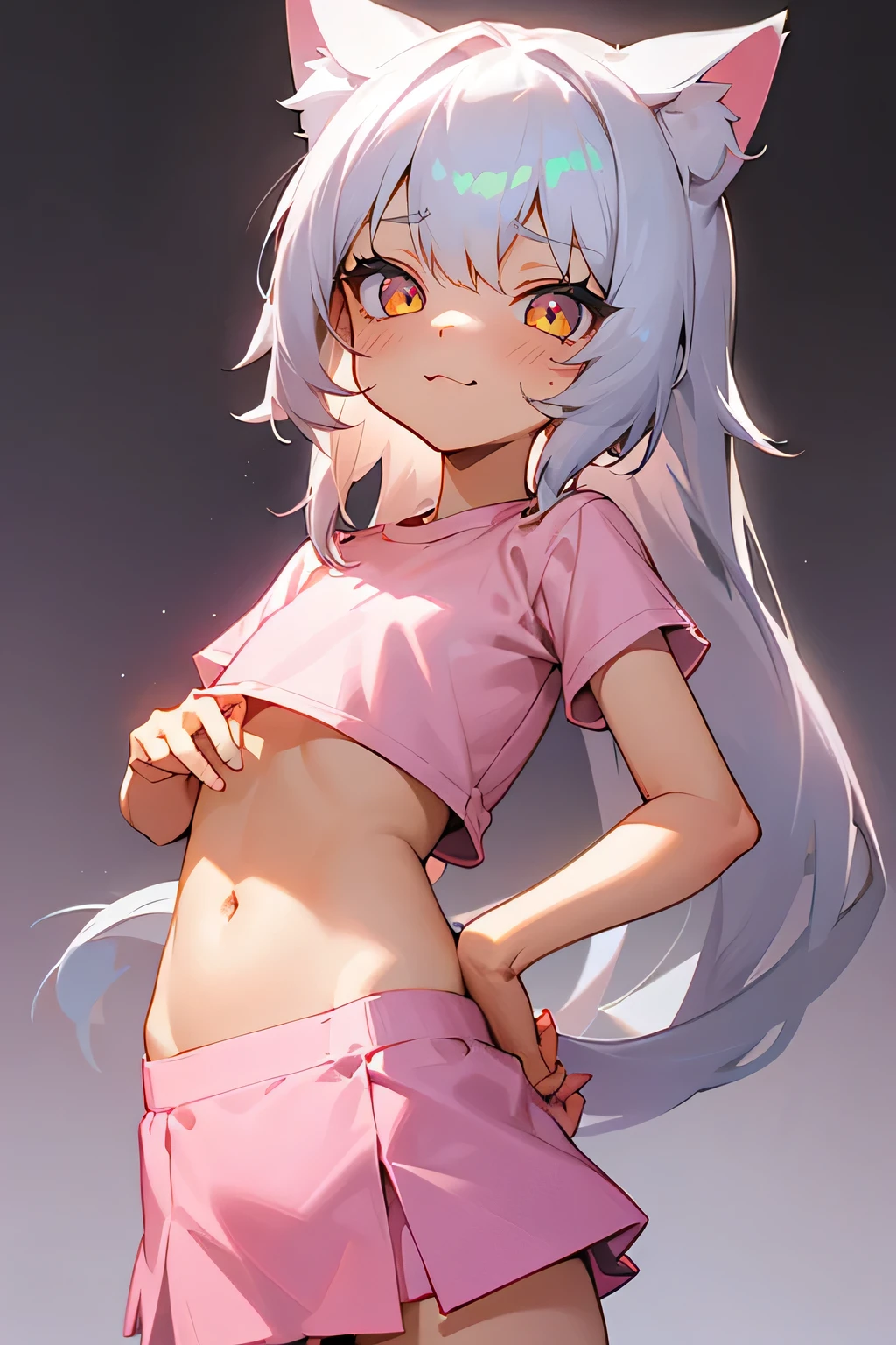 1girl, silver hair, golden eyes with pupils, ((skinny)), ((petite)), short, small, ((neko)), (cropped solid pastel pink tshirt), long hair, short skirt, (((kid))), cat ears, happy, blush, flat chest, midriff, at school, hand on tummy, belly rub