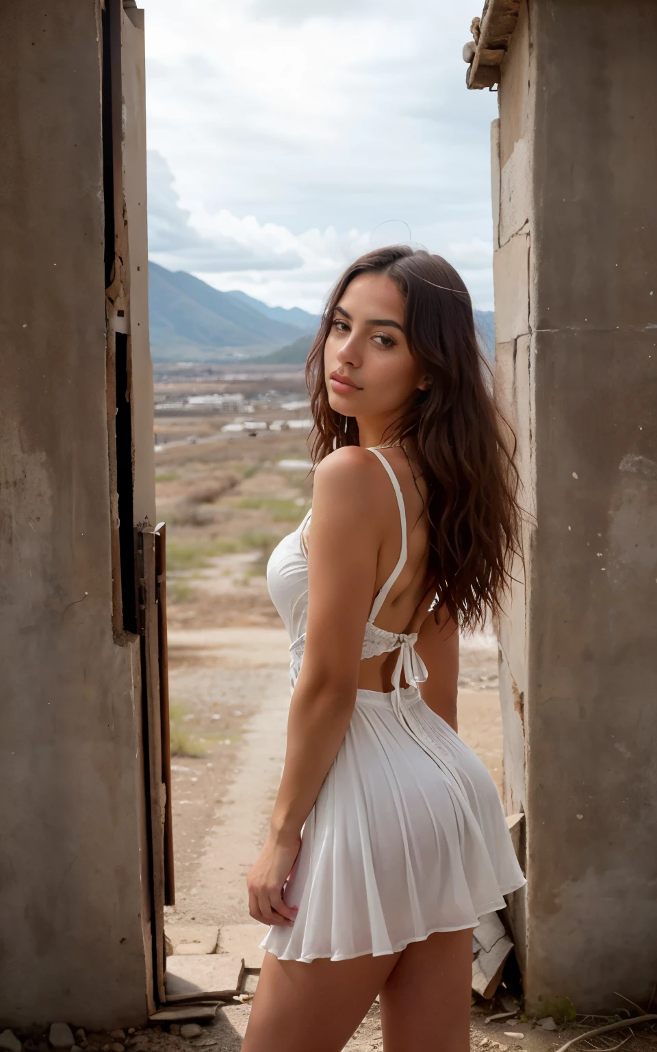 En la imagen, A 26-year-old girl radiates an aura of mystery and melancholy while she finds herself in an abandoned place, rodeada por la decadencia del entorno. A pesar del ambiente desolado, Its presence adds a note of beauty and elegance to the place. With a serene and thoughtful expression, is standing near an antique piano or harp, whose strings seem to vibrate with the melody of the past. His hands rest behind his back, adding a touch of grace and mystery to your posture. Su cabello cae en suaves ondas alrededor de su rostro, mientras que su vestido blanco con detalles azules fluye con gracia, contrasting with the desolation of the surroundings. Aunque el lugar pueda estar abandonado, the young woman seems to find beauty in melancholy, showing a deep connection with music and art. La calidad ultra realista de la imagen, captured in high definition, resalta cada detalle del entorno y de la joven, desde las grietas en las paredes hasta los pliegues de su vestido. En conjunto, the image evokes a feeling of nostalgia and timeless beauty, inviting the viewer to reflect on the transformative power of art even in the most desolate places.