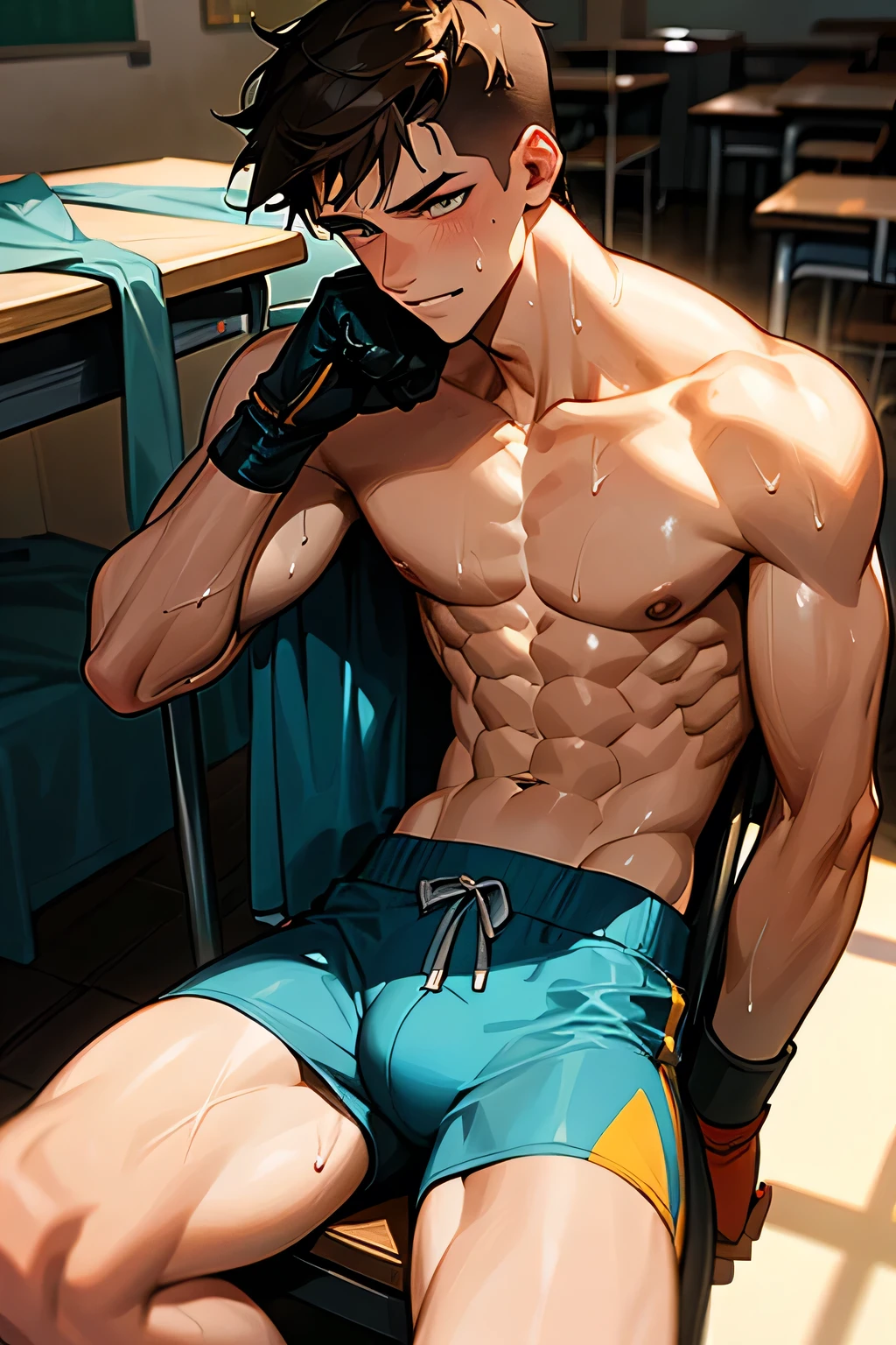 a shirtless exhausted 19-year old handsome caucasian male in faded haircut, mma gloves, fighting shorts, cute, handsome face, six-pack abs, beautiful body, well-defined body, dripping sweat, drenched with sweat, tired smile, sitting in the chair in the classroom with other students