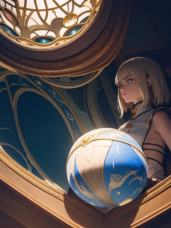 Emmanuelle Houdart, Kay Nielsen, Katsuhiro Otomo, Surreal, mysterious, strange, fantastical, fantasy, Sci-fi, Japanese anime, attic gallery, legends of centuries, beautiful blonde miniskirt girl and sphere, perfect voluminous body, painting is a window to madness, detailed masterpiece Hyper realistic sharp focus coquettish happy shy real