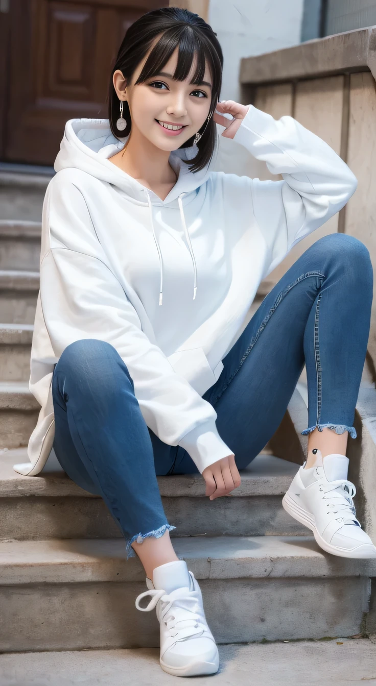highest quality, Realistic, Very detailed, Finer details, High resolution, 8k wallpaper, One beautiful woman,Sit on the stairs、 Oversized hoodie, Skinny jeans, White sneakers、Putting on socks、Black Hair、 Beautiful Bangs、ear piercing、smile、Beautiful teeth alignment、Perfect dynamic composition, Beautiful and detailed, Full Body Shot, A big smile