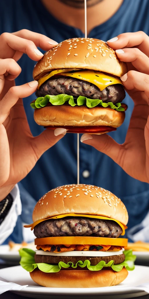 A burger falling in pieces juicy, tasty, hot, promotional photo, intricate details, hdr, cinematic, adobe lightroom, highly detailed