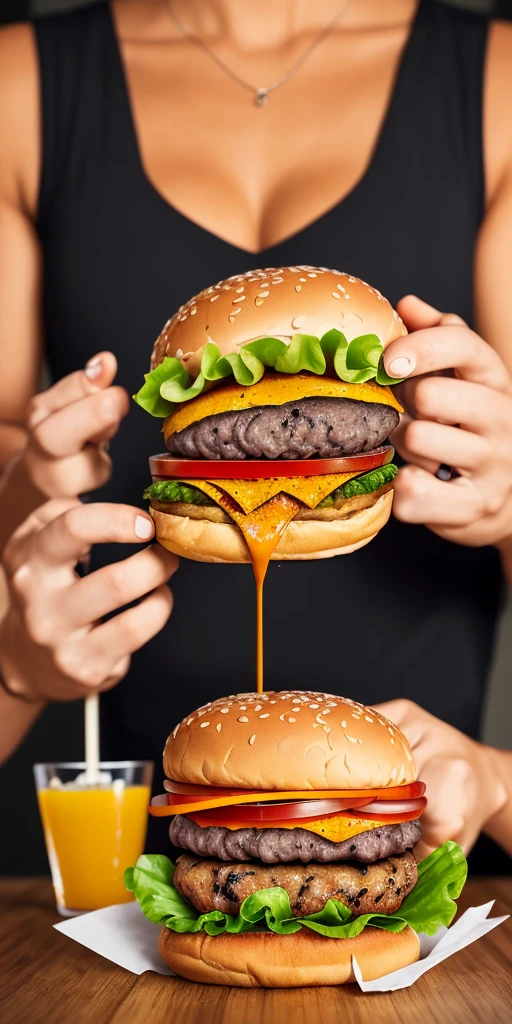 A burger falling in pieces juicy, tasty, hot, promotional photo, intricate details, hdr, cinematic, adobe lightroom, highly detailed 