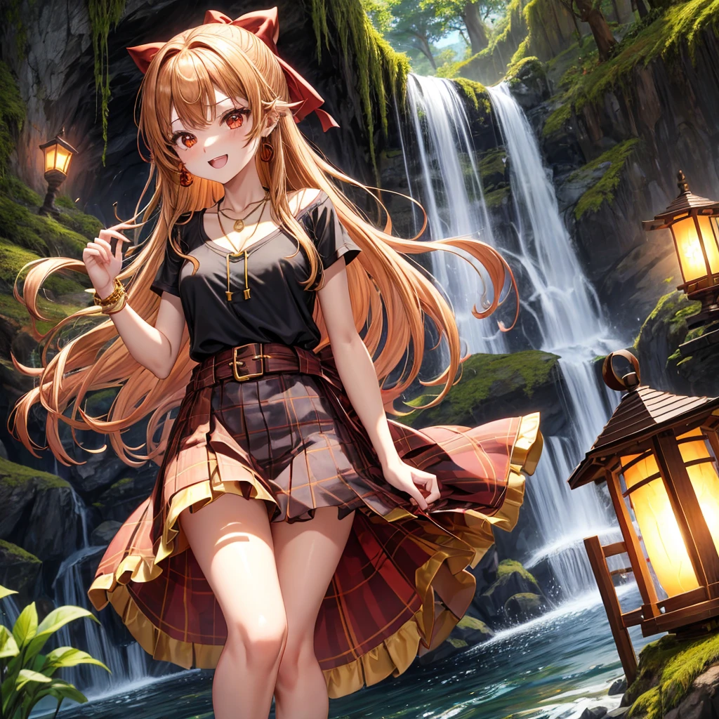 Brown, red, gold, golden hair、Red eyes、One good looking girl、solo、anime、Checkered mini skirt、Black camisole、Black T-shirt、hoodie、Wearing a ribbon、Ribbon on waist、Crystal Earrings、Gemstone Necklace、Light and shadow、Tilting face、Teeth are visible、waterfall、Torrent、tunnel、pylon、Sunset sky、Towering、frilled lizard、light、flash、Barrel、Wife、loose、moss、isolated island