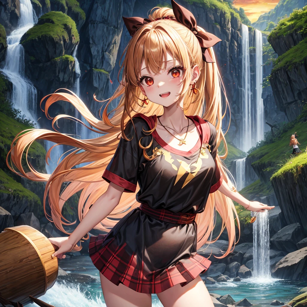 Brown, red, gold, golden hair、Red eyes、One good looking girl、solo、anime、Checkered mini skirt、Black camisole、Black T-shirt、hoodie、Wearing a ribbon、Ribbon on waist、Crystal Earrings、Gemstone Necklace、Light and shadow、Tilting face、Teeth are visible、waterfall、Torrent、tunnel、pylon、Sunset sky、Towering、frilled lizard、light、flash、Barrel、Wife、loose、moss、isolated island