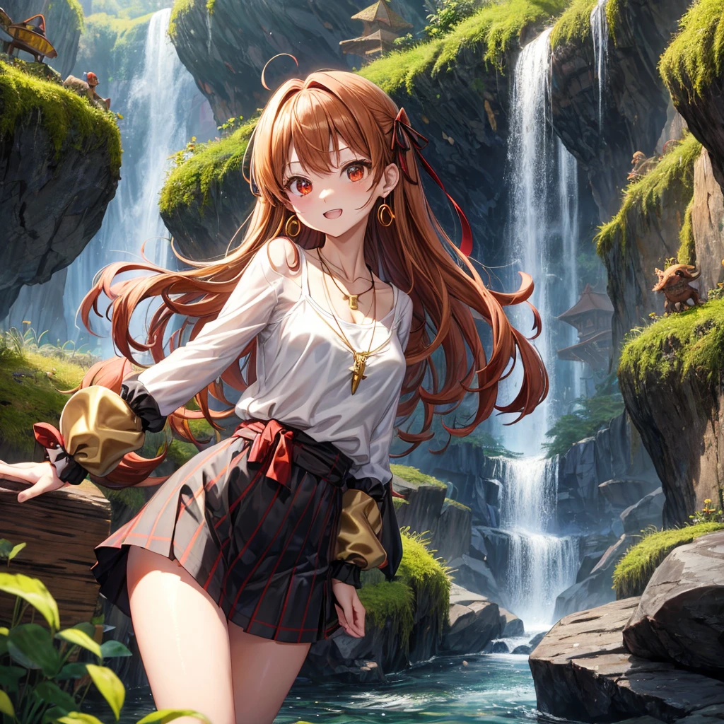 Brown, red, gold, golden hair、Red eyes、One good looking girl、solo、anime、Checkered mini skirt、Black camisole、Black T-shirt、hoodie、Wearing a ribbon、Ribbon on waist、Crystal Earrings、Gemstone Necklace、Light and shadow、Tilting face、Teeth are visible、waterfall、Torrent、tunnel、pylon、Sunset sky、Towering、frilled lizard、light、flash、Barrel、Wife、loose、moss、isolated island