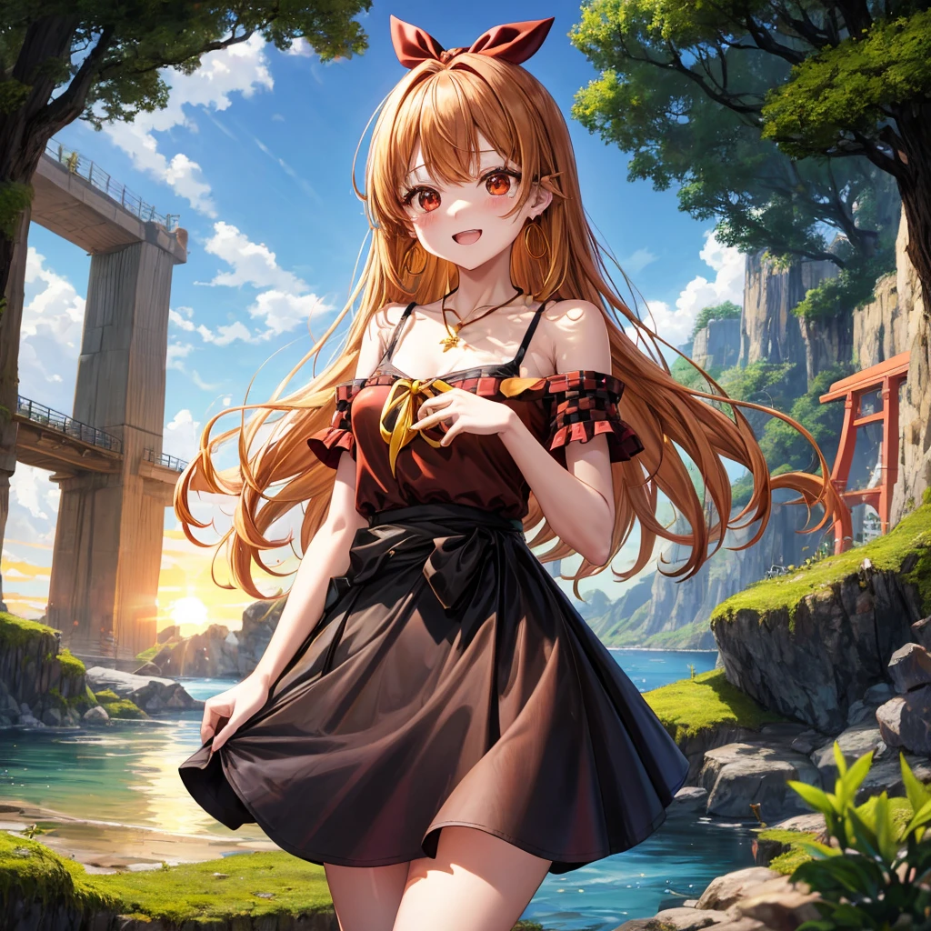 Brown, red, gold, golden hair、Red eyes、One good looking girl、solo、anime、Checkered mini skirt、Black camisole、Black T-shirt、hoodie、Wearing a ribbon、Ribbon on waist、Crystal Earrings、Gemstone Necklace、Light and shadow、Tilting face、Teeth are visible、waterfall、Torrent、tunnel、pylon、Sunset sky、Towering、frilled lizard、light、flash、Barrel、Wife、loose、moss、isolated island