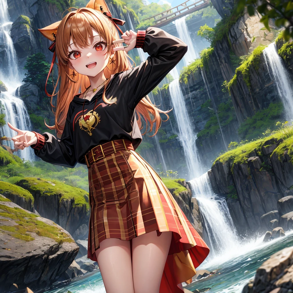 Brown, red, gold, golden hair、Red eyes、One good looking girl、solo、anime、Checkered mini skirt、Black camisole、Black T-shirt、hoodie、Wearing a ribbon、Ribbon on waist、Crystal Earrings、Gemstone Necklace、Light and shadow、Tilting face、Teeth are visible、waterfall、Torrent、tunnel、pylon、Sunset sky、Towering、frilled lizard、light、flash、Barrel、Wife、loose、moss、isolated island
