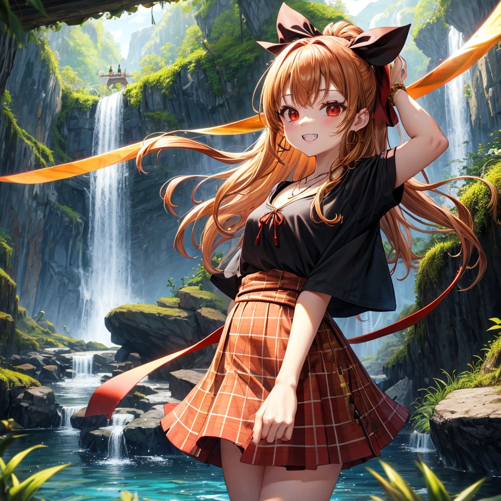 Brown, red, gold, golden hair、Red eyes、One good looking girl、solo、anime、Checkered mini skirt、Black camisole、Black T-shirt、hoodie、Wearing a ribbon、Ribbon on waist、Crystal Earrings、Gemstone Necklace、Light and shadow、Tilting face、Teeth are visible、waterfall、Torrent、tunnel、pylon、Sunset sky、Towering、frilled lizard、light、flash、Barrel、Wife、loose、moss、isolated island