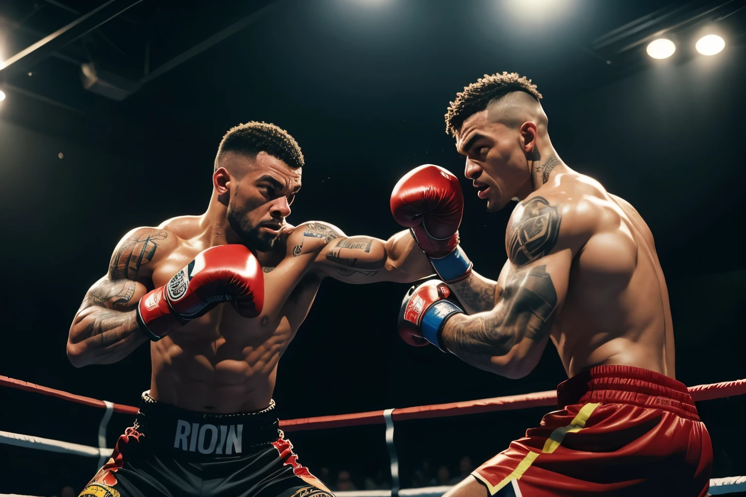 best quality, boxer, muscular, two people who look like gangsters with tattoos on their bodies, match, deadly fight, down, sweat flying, ring, enthusiastic crowd, spotlight