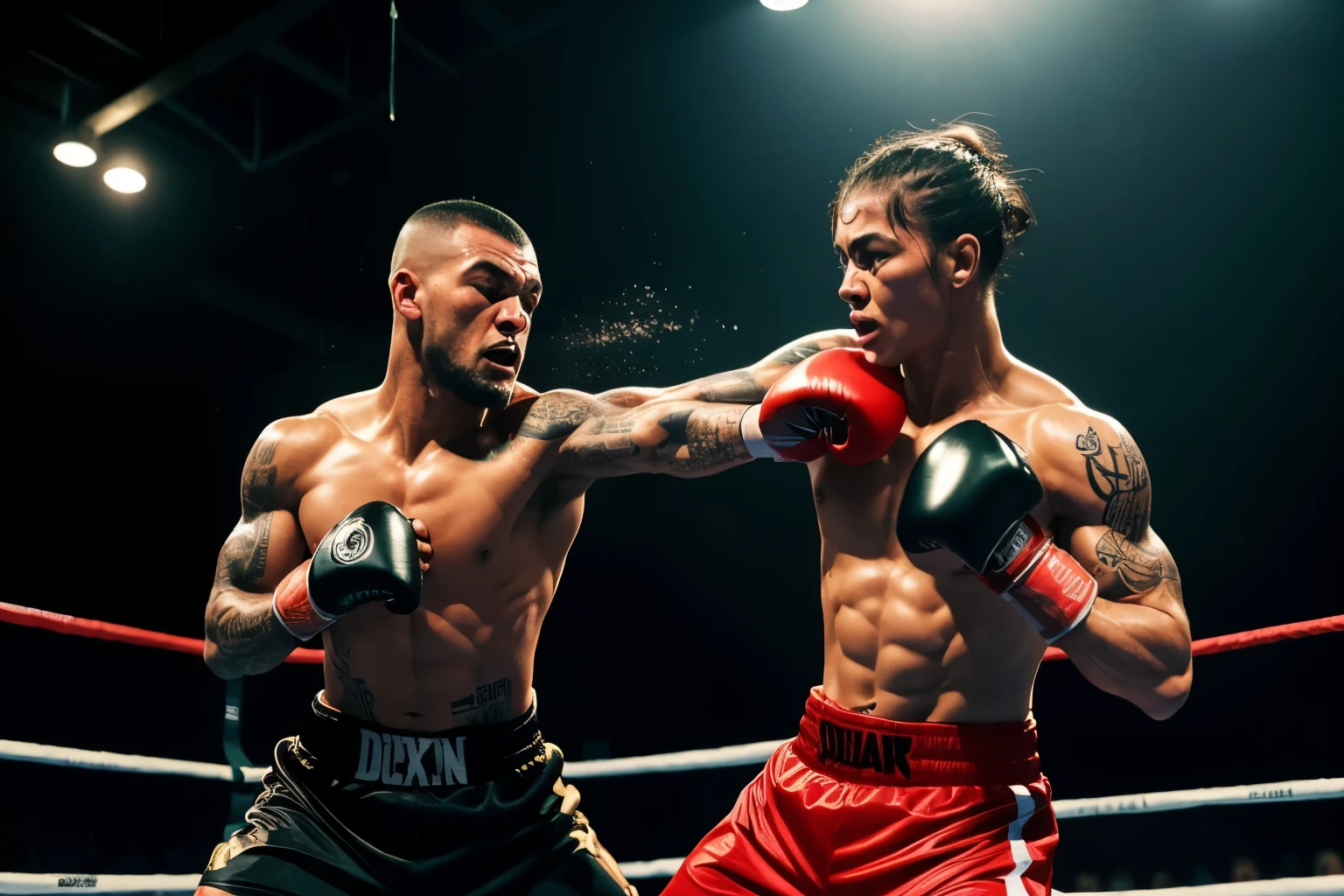 best quality, boxer, muscular, two people who look like gangsters with tattoos on their bodies, match, deadly fight, down, sweat flying, ring, enthusiastic crowd, spotlight