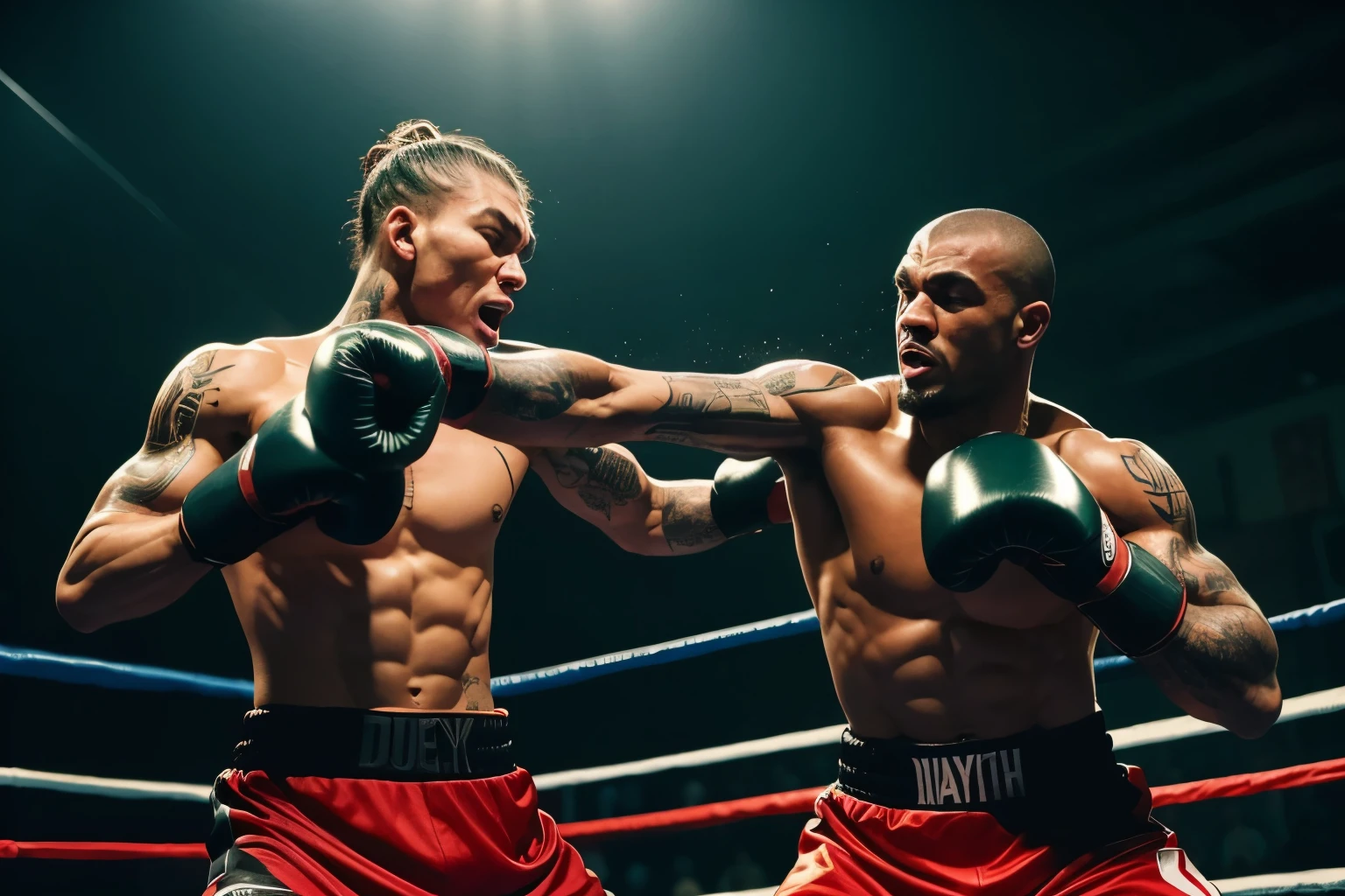 best quality, boxer, muscular, two people who look like gangsters with tattoos on their bodies, match, deadly fight, down, sweat flying, ring, enthusiastic crowd, spotlight