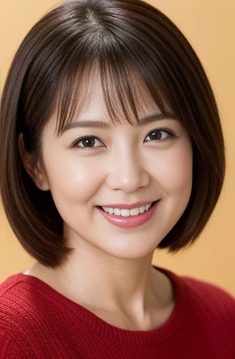 Masseter Film, highest quality, masterpiece, High resolution, realism, Original photo, 8k wallpaper, perfection, Professional Lighting, Very detailed, Written boundary depth, ((Beautiful woman)), ((Sexy 45 year old woman in red)),, ((A kind smile)), Detailed face, Beautiful Eyes,, bangs, A photo of your face, (sexy look), Brown Hair, (Thick lips), Looking down at the viewer,short hair