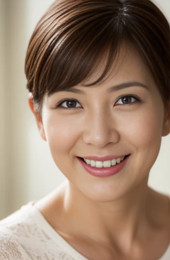 Masseter Film, highest quality, masterpiece, High resolution, realism, Original photo, 8k wallpaper, perfection, Professional Lighting, Very detailed, Written boundary depth, ((Beautiful woman)), ((Sexy 45 year old woman in red)),, ((A kind smile)), Detailed face, Beautiful Eyes,, bangs, A photo of your face, (sexy look), Brown Hair, (Thick lips), Looking down at the viewer,short hair