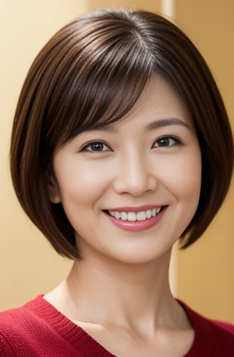 Masseter Film, highest quality, masterpiece, High resolution, realism, Original photo, 8k wallpaper, perfection, Professional Lighting, Very detailed, Written boundary depth, ((Beautiful woman)), ((Sexy 45 year old woman in red)),, ((A kind smile)), Detailed face, Beautiful Eyes,, bangs, A photo of your face, (sexy look), Brown Hair, (Thick lips), Looking down at the viewer,short hair