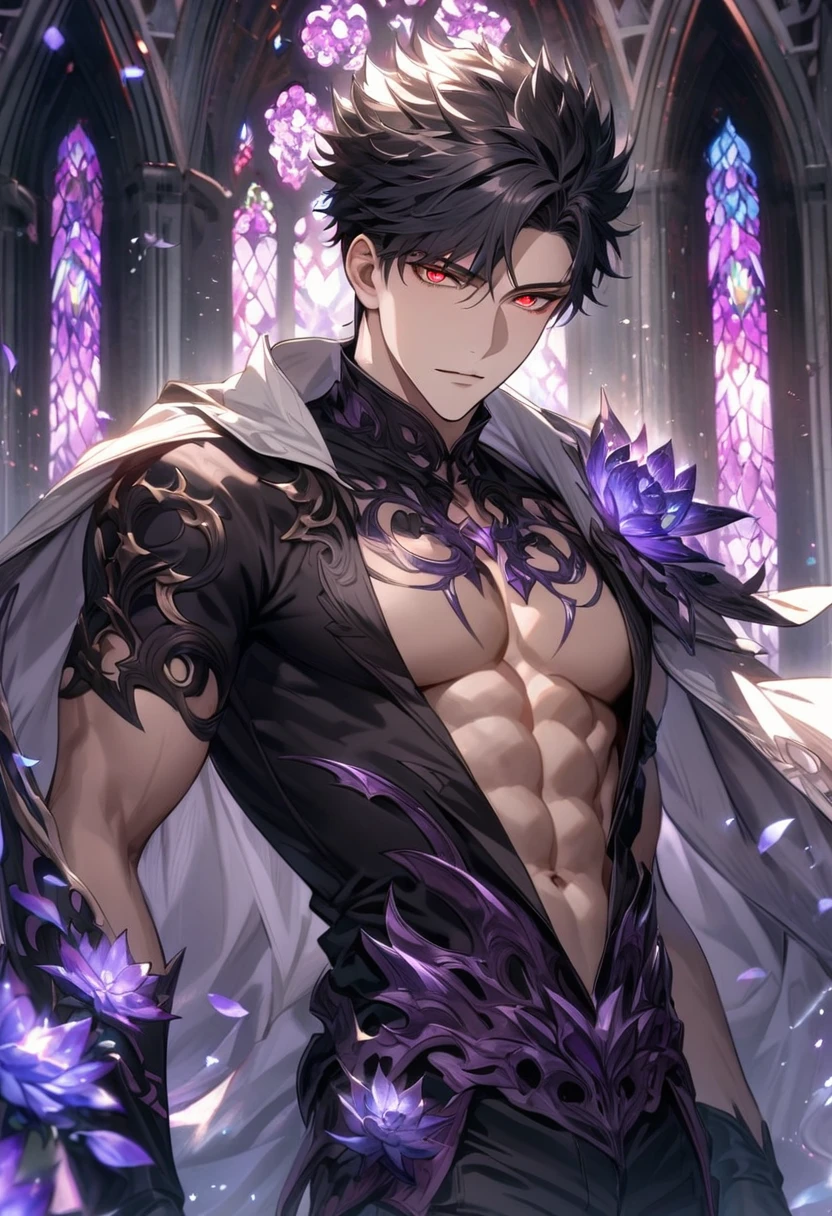 Ultra detailed, HDR, Highres, absurdres, master piece, Belial, black hair, expressive red eyes, Grand Blue Fantasy, white cape with patterns, black tight shirt, purple stained glass, purple ice, petals, purple ice flowers, sexy man, solo, extremely detailed face and eyes, extremely handsome, glittering, toned chest, glittering eyes, black gloves,