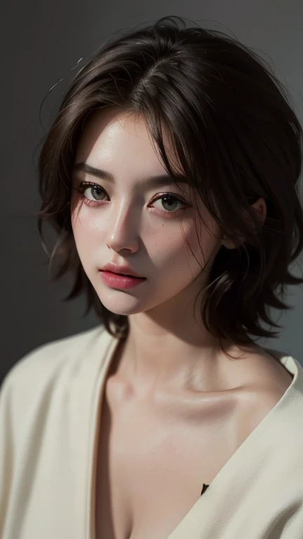 Best quality, masterpiece, ultra high res, (photorealistic:1.5), raw photo, 1girl, offshoulder, in the dark, deep shadow, low key, cold light, sexy look, short hair