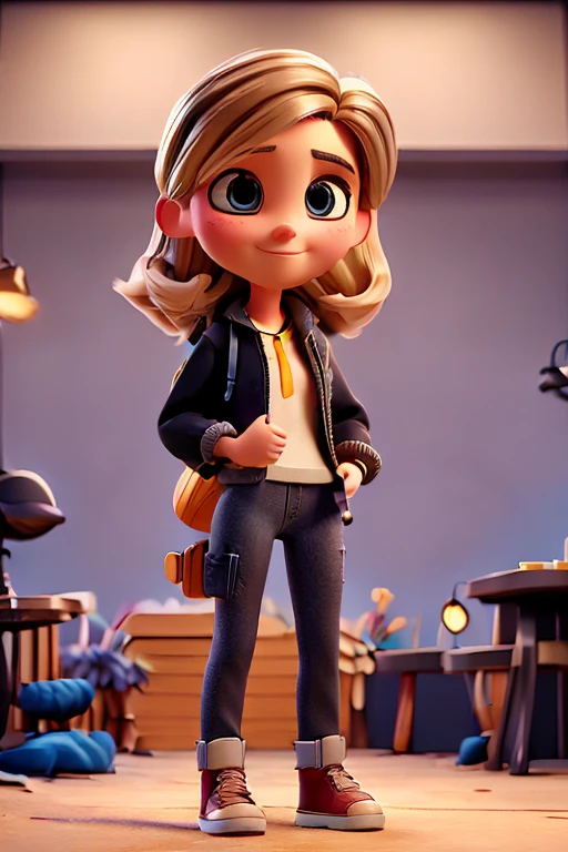 Young blonde woman with dark blonde highlights and medium hair Wearing a black safety helmet Wearing black clothes with a denim jacket With a radio transmitter on her waist Wearing a wired earphone in her left ear Representing an event producer
