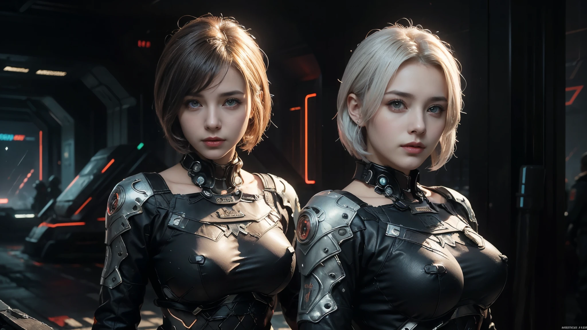 masterpiece,best quality,high resolution,8k,(Portrait Photos:1.5),(R Original Photo),real picture,Digital Photography,(A fusion of cyberpunk and fantasy),(Female Soldiers),20 year old girl,Feel free to hairstyle,white hair,Purple Eyes,By Bangs,(red eye breasts, Accessories,shut your mouth,Elegant and charming,Serious and arrogant,Calm and handsome,Combination of cyberpunk and fantasy style clothing,Hollow carving design,Large Breasts,Combined Armor,Photo poses,Realistic style,oc render reflection texture,sentry,Cyberpunk style future city,Medium distance photography