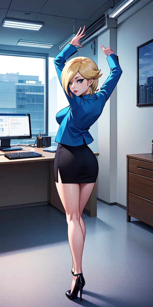 ((high detailed, best quality, 4k, masterpiece, hd:1.3)), BREAK night, window, moonlight, landscape, (in office), indoors, business office, office workers working in the office, many people are busy working, window, desk, chair, computer, ceiling light, Rosalina, BREAK neon blue eyes, seductive, attractive, sexy smile, smiling, smooth anime cg art, 36C breasts, (long fitness legs), vivid colors, detailed digital art, slim body, perfect skin, blonde hair, long hair, BREAK crown, BREAK looking at viewer, extremely detailed face, navy blue necktie, blue jacket, black shirt, blue pencil skirt, full body, (blue high heels), earrings, gem, dark black makeup lips, dark gothic eyeshadows, dark eyeshadows, black eyeshadows, black sexy lips, black lips, (dark:1.2), dark lips, very dark lips, (perfect hands, perfect anatomy), black makeup, detailed fingers, five fingers per hand, 5 fingers, (1 girl), detailed lips, detailed black lips, black painted lips, gothic painted lips, (with your back turned:1.5, looking back pose), (looking back), (arms rised:1.3), (arms up:1.3)