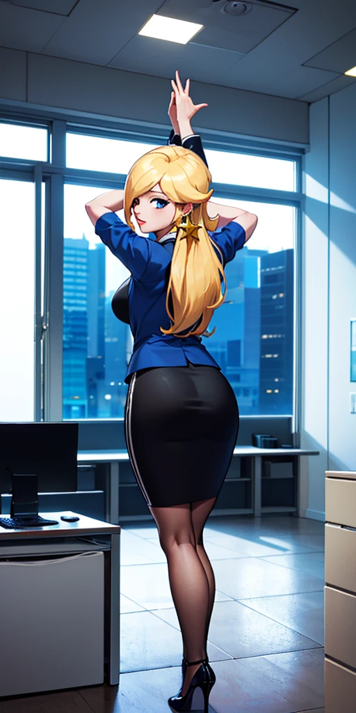 ((high detailed, best quality, 4k, masterpiece, hd:1.3)), BREAK night, window, moonlight, landscape, (in office), indoors, business office, office workers working in the office, many people are busy working, window, desk, chair, computer, ceiling light, Rosalina, BREAK neon blue eyes, seductive, attractive, sexy smile, smiling, smooth anime cg art, 36C breasts, (long fitness legs), vivid colors, detailed digital art, slim body, perfect skin, blonde hair, long hair, BREAK crown, BREAK looking at viewer, extremely detailed face, navy blue necktie, blue jacket, black shirt, blue pencil skirt, full body, (blue high heels), earrings, gem, dark black makeup lips, dark gothic eyeshadows, dark eyeshadows, black eyeshadows, black sexy lips, black lips, (dark:1.2), dark lips, very dark lips, (perfect hands, perfect anatomy), black makeup, detailed fingers, five fingers per hand, 5 fingers, (1 girl), detailed lips, detailed black lips, black painted lips, gothic painted lips, (with your back turned:1.5, looking back pose), (looking back), (arms rised:1.3), (arms up:1.3)