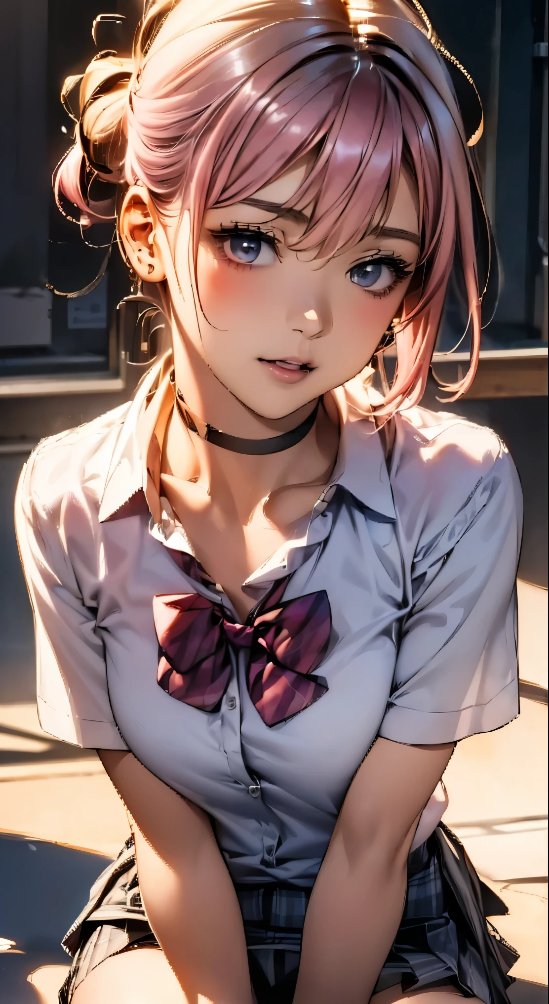 (masterpiece:1.2, highest quality), (Realistic, photoRealistic:1.4), Beautiful illustrations,
Looking at the audience, whole body, Front view:0.6,
1 girl, Japanese, high School girl, ((Pompadour:1.7, Pink Hair:1.3)), Hair fluttering, bangs, Hair between the eyes, Medium chest:1.8,
Beautiful Hair, Beautiful and detailed, Beautiful clavicle, Beautiful breasts, Beautiful thighs, Beautiful legs, Beautiful fingers,
(Beautiful views), , School,
((Collared short-sleeved shirt, White shirt, , Grey plaid pleated skirt, Blue checked bow tie, choker)), White panties,
(Are standing, Grab the hem of your skirt, please put your hand on your chest, Place your hands between your legs, Leaning forward),
blush