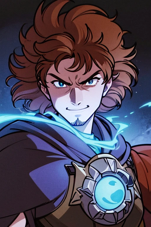 1 man((upper body and arms, portrait, serious, happy)), accurate to reference image, masterpiece, best quality, ultra-detailed, fantasy, looking at the viewer, brown hair, curly hair, facial hair, beard, adult, colourful, anime artstyle, 2020s style, dark gradient background, vibrant, pale blue eyes, Baldur's gate, dungeons and dragons, magic, robes, dark, wizard, necromancer, tiefling, undead, slim build, dark magic, blood, ritual, ghibli style, ghibli artstyle, howl's moving castle, full upper body, casting spell, animating dead, colourful spell, dark brown curly hair, serious, action pose, attacking