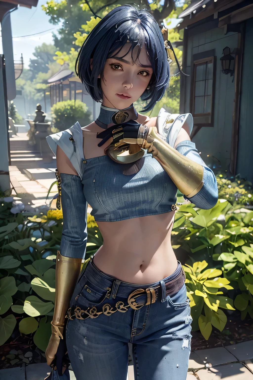 (aquamarine long sleeved crop top, long jeans, gold belt), ((midriff, navel)), looking at viewer, garden, dancing, ((cinematic lighting, masterpiece, anatomically correct, detailed textured skin, high details, highres, HD, 4K, 8k)), (kujou sara:1.3), mask on head, blue hair, short hair, yellow eyes