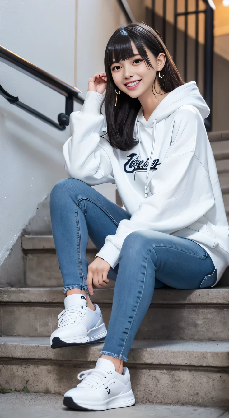 highest quality, Realistic, Very detailed, Finer details, High resolution, 8k wallpaper, One beautiful woman,、Sit on the stairs、 Oversized hoodie, Skinny jeans, sneakers、Putting on socks、Black Hair、 Beautiful Bangs、ear piercing、smile、Beautiful teeth alignment、Perfect dynamic composition, Beautiful and detailed, Full Body Shot, A big smile