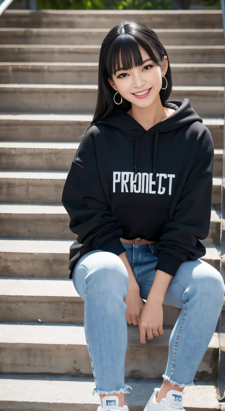 highest quality, Realistic, Very detailed, Finer details, High resolution, 8k wallpaper, One beautiful woman,、Sit on the stairs、 Oversized hoodie, Skinny jeans, sneakers、Putting on socks、Black Hair、 Beautiful Bangs、ear piercing、smile、Beautiful teeth alignment、Perfect dynamic composition, Beautiful and detailed, Full Body Shot, A big smile