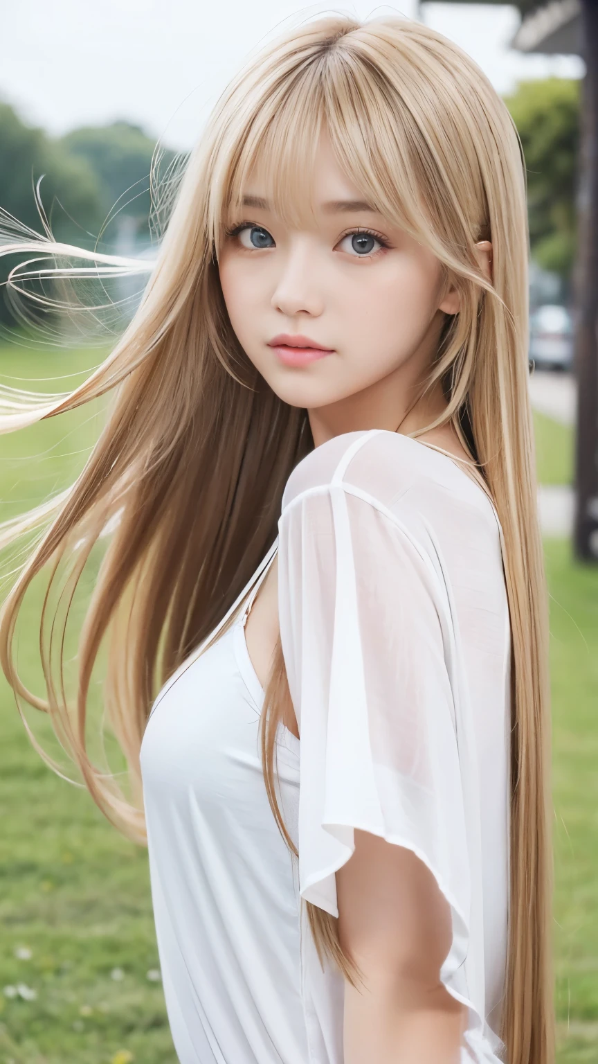 Sexy big 、Sexy cute looks and cute 15 year old beautiful girl, Beautiful and sexy face、A strong wind blows my hair in front of my face、With straight blonde hair、Beautiful, cute and sexy eyes hidden behind long bangs。