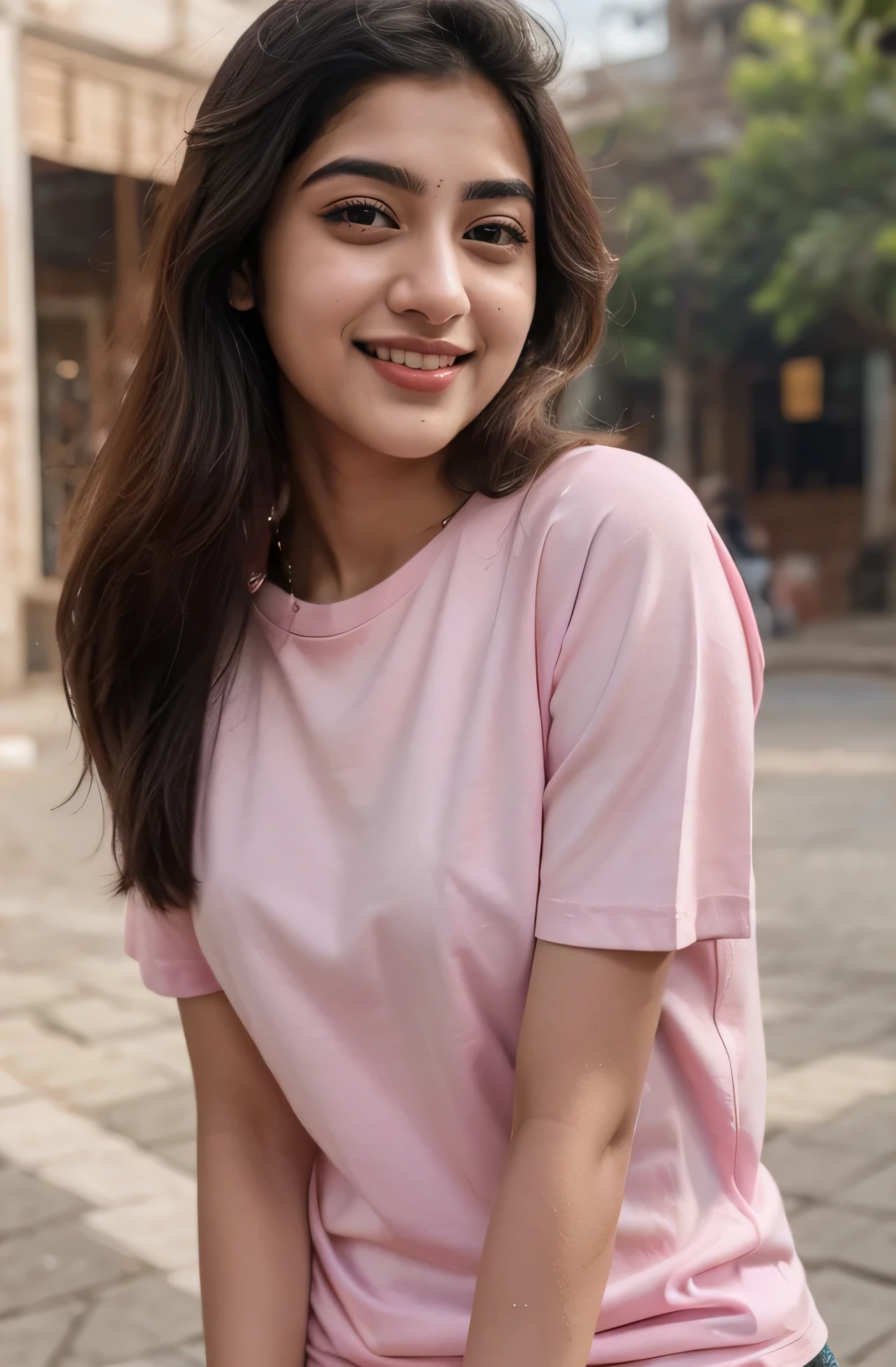 Prompt: 21 yo India women Ananya Pandey, wearing longer pink tshirt poses smiling realistic realism perfect view perfect anatomy