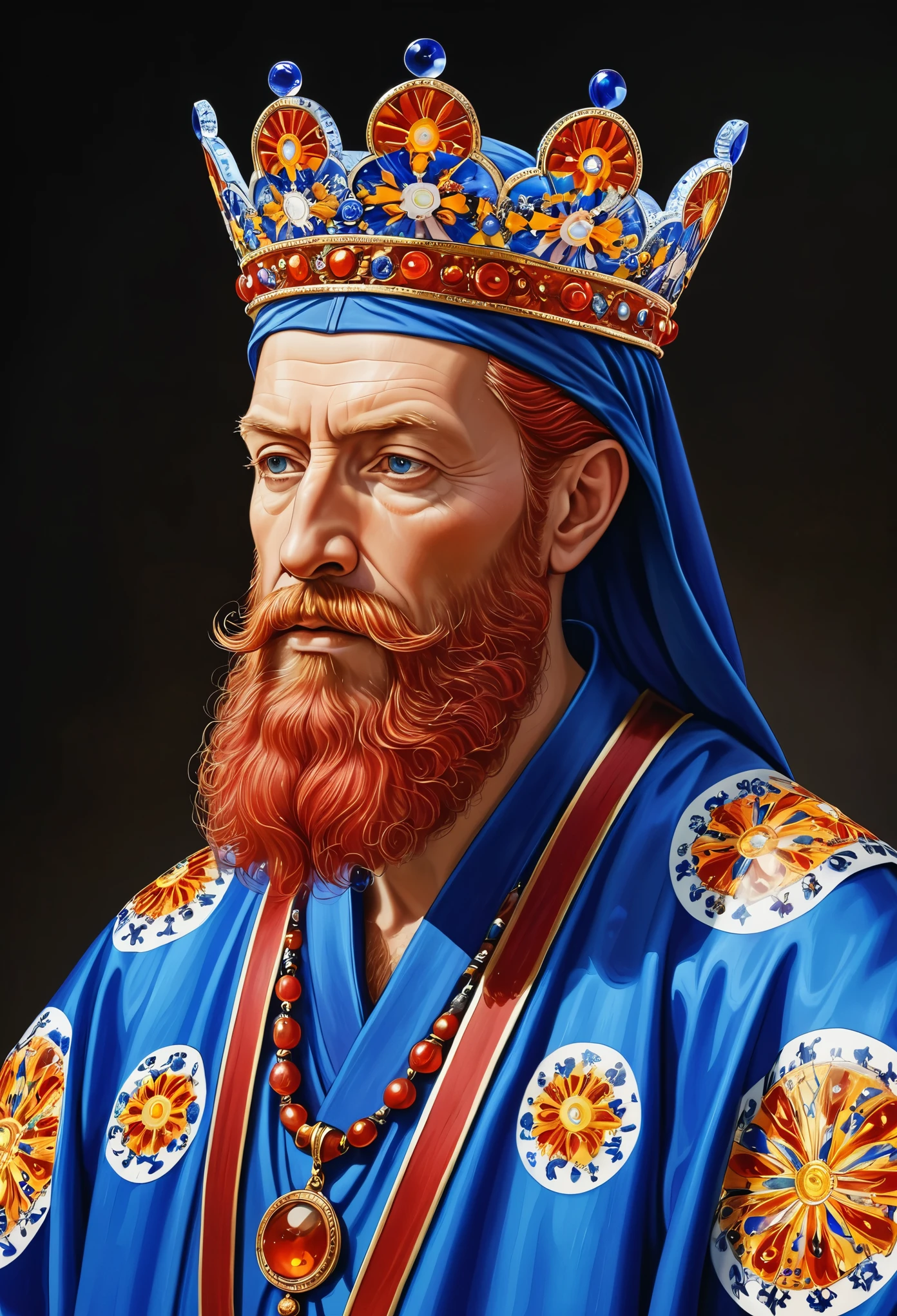 Millefiori glass style,Wears a blue crown on his head、Arafud man in blue robe, Medieval king with red and white hair, Red hair beard, Sparse beard, Age 50 years old, short hair, Humanitarian Emperor Images, Highly detailed characters, high resolution drawing.