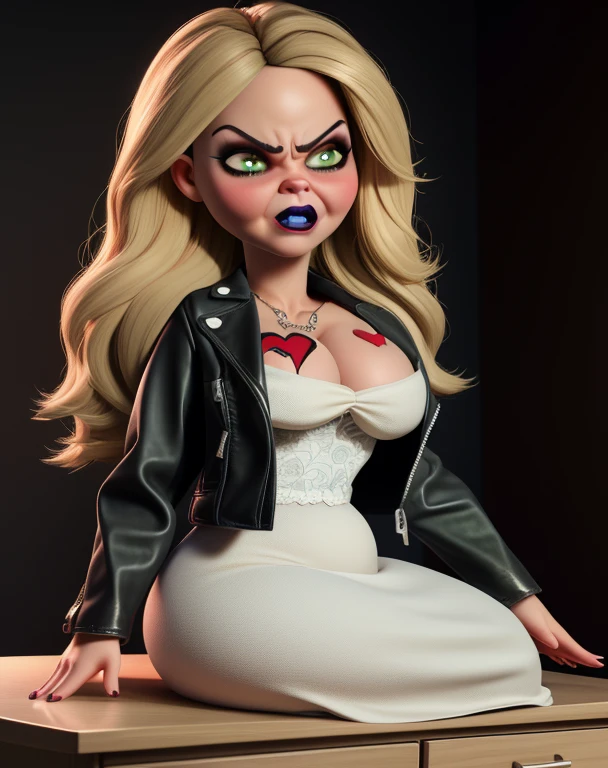 Snobby facial expression, Rude face, angry facial details, silicone doll tiffany, blonde hair, green eyes ,black makeup ,heart tatto ,huge breasts ,Plump ass, white under dress, black leather jacket, Full-body shot, Sitting on top of a dresser, Cum Details on body, Cum on body, Dirty restroom background