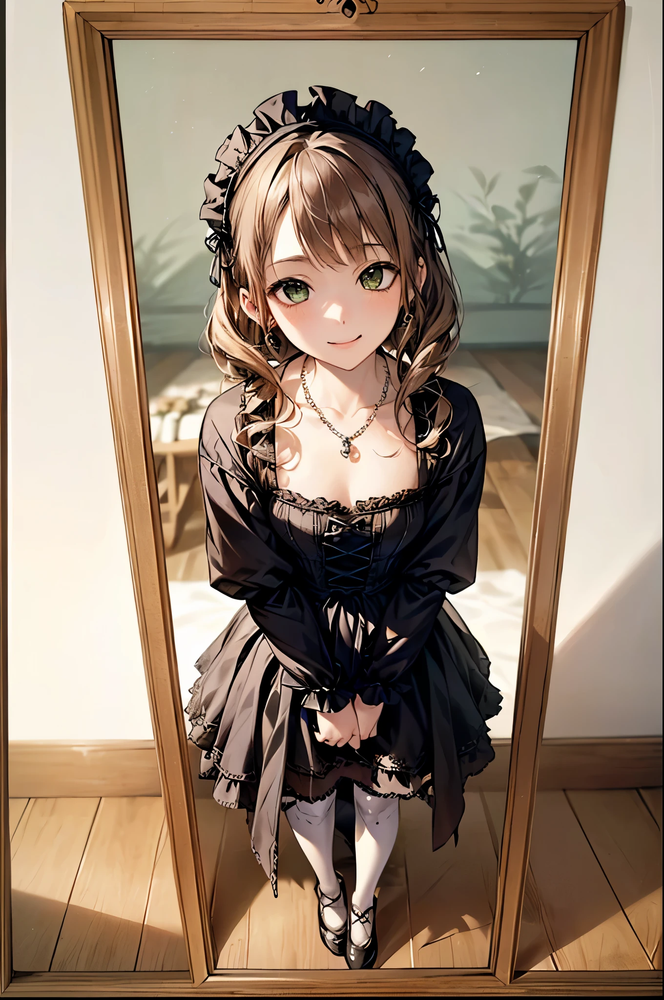 ((Biologically correct number of limbs))、(( Full body photo including face))、4K、((Standing posture))、Masterpiece、((focus on the face))、((Symmetrical facial features))、Eyes with detailed description、Beautiful woman、Outstanding style、Slender Body、(stockings、High heels)、Detailed depiction of faces、Small earrings、necklace、((White Gothic Lolita、Gothic Lolita))、Fresh green park、tie、(((White frame、White oak、White border photo)))、High angle、(smile、Shy expression)、