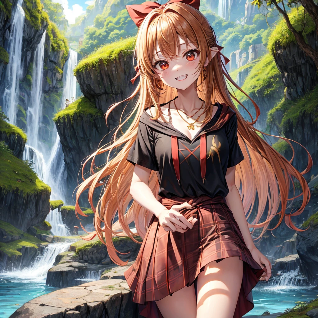 Brown, red, gold, golden hair、Red eyes、One good looking girl、solo、anime、Checkered mini skirt、Black camisole、Black T-shirt、hoodie、Wearing a ribbon、Ribbon on waist、Crystal Earrings、Gemstone Necklace、Light and shadow、Tilting face、Teeth are visible、waterfall、Torrent、tunnel、pylon、Sunset sky、Towering、frilled lizard、light、flash、Barrel、Wife、loose、moss、isolated island、gate
