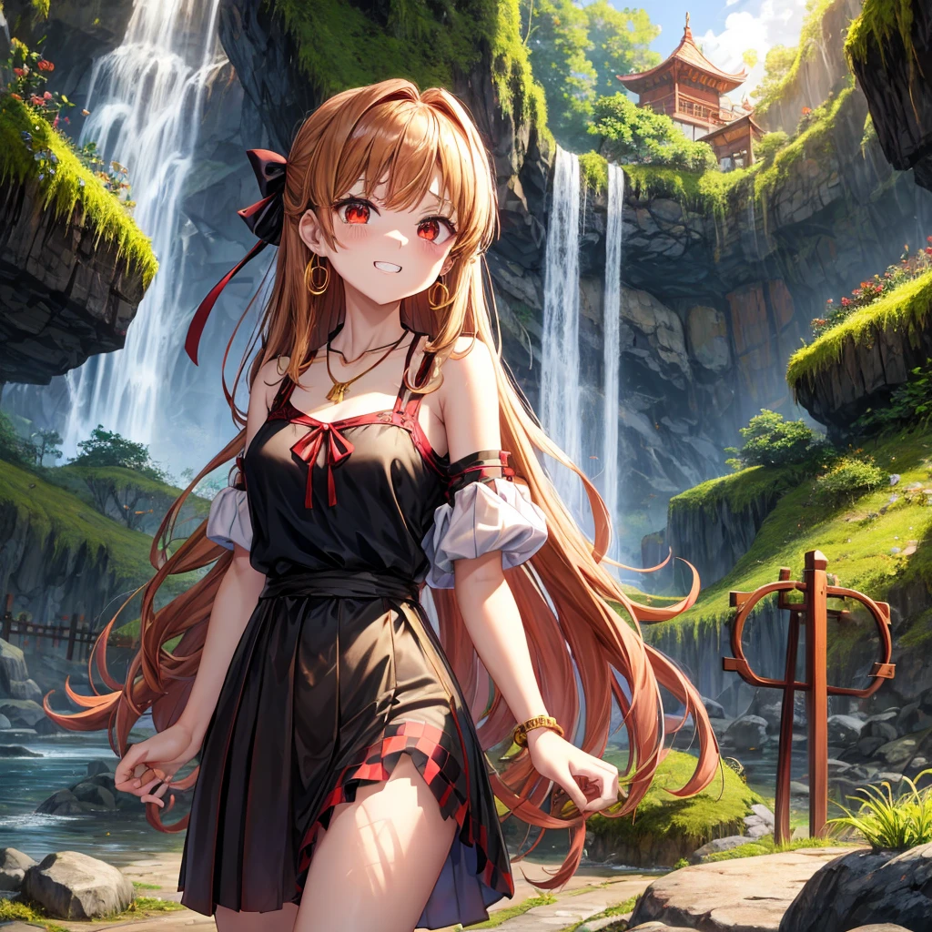 Brown, red, gold, golden hair、Red eyes、One good looking girl、solo、anime、Checkered mini skirt、Black camisole、Black T-shirt、hoodie、Wearing a ribbon、Ribbon on waist、Crystal Earrings、Gemstone Necklace、Light and shadow、Tilting face、Teeth are visible、waterfall、Torrent、tunnel、pylon、Sunset sky、Towering、frilled lizard、light、flash、Barrel、Wife、loose、moss、isolated island、gate