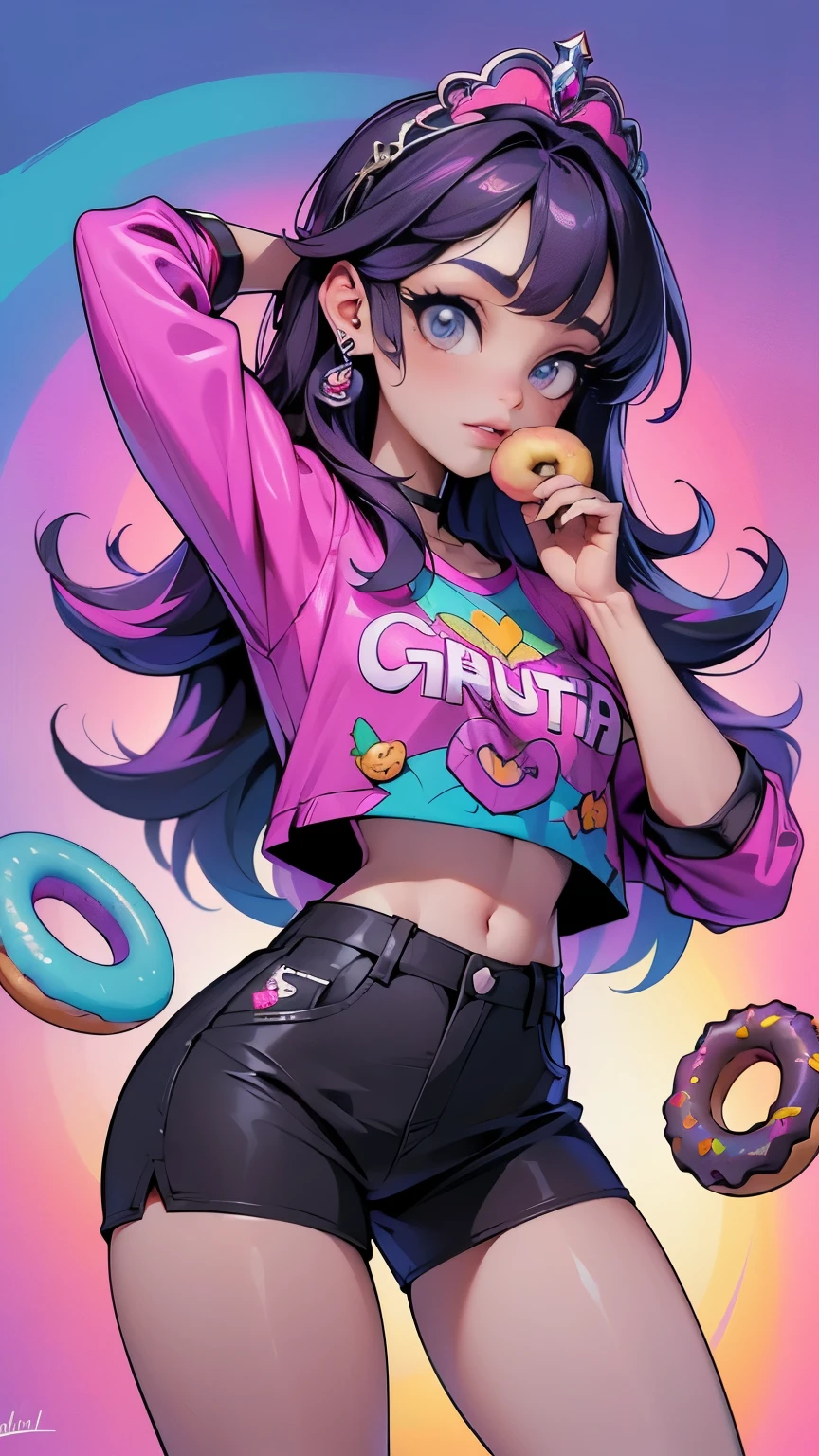 (La melhor qualidade,A high resolution,Ultra - detalhado,real),Ariana Grande com saia roxa e blusa rosa em um beco , Violeta Myers, Alex Yanes e Lisa Frank, Estilo Lisa Frank, Doce , traje morado, lindo golfinho, lisa - franca, promotion still,  adolescente quente, Leslie David e Lisa Frank, No estilo de Lisa Frank, Em um estilo de arte Lisa Frank, posando de collant e tiara, 8K mais detalhado.motor irreal:1.4,Ultra HD,La melhor qualidade:1.4, Fotorrealista:1.4, textura da pele:1.4, Obra-prima:1.8,obra-prima, melhor qualidade,objeto Objeto], (Recursos faciais detalhados:1.3),(The correct proportions),(lindos olhos azuis),  (pose vaquero), (dedos detalhados :1.4), (fundo de donuts gigantes, doces gigantes :1.4), (Wet and pissed water) 