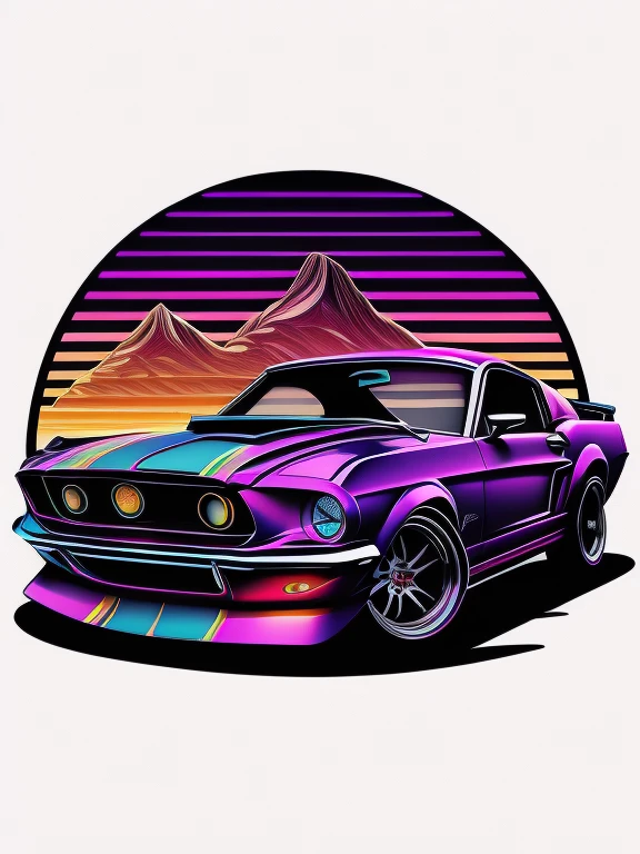 Ford Mustang before sunset, vaporwave style, smooth lines, vector sticker art, intricate details, white background, (best quality, 8k), neon style, vector core