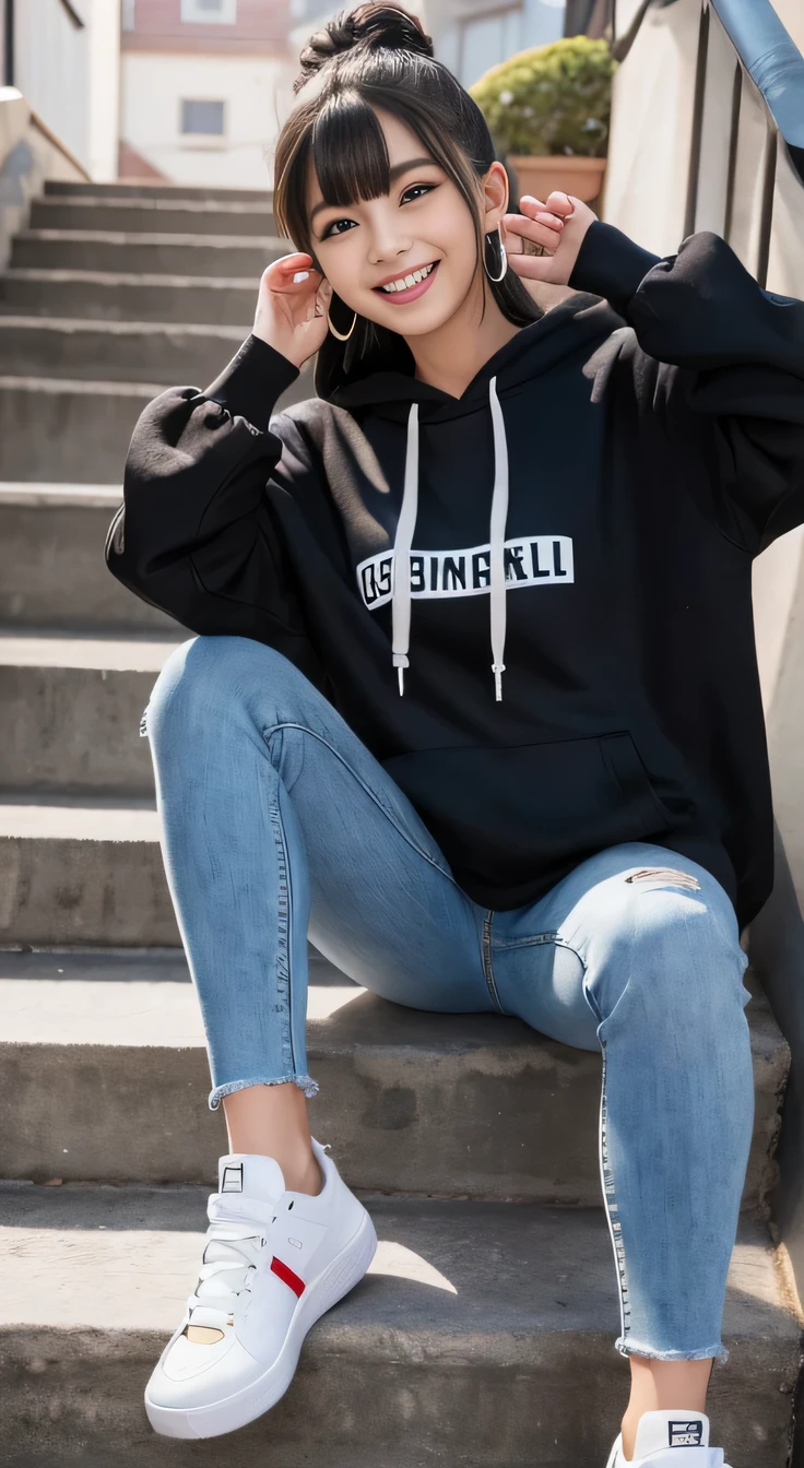 highest quality, Realistic, Very detailed, Finer details, High resolution, 8k wallpaper, One beautiful woman,Sit on the stairs、 Oversized hoodie, Skinny jeans, sneakers、Putting on socks、Black Hair、 Beautiful Bangs、ear piercing、smile、Beautiful teeth alignment、Perfect dynamic composition, Beautiful and detailed, Full Body Shot, A big smile