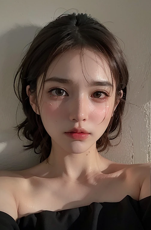 Best quality, masterpiece, ultra high res, (photorealistic:1.4), raw photo, (Authentic skin texture:1.3), (film grain:1.3), panorama, character portrait, very wide shot, narrow waist, cowboy shot, (in the dark, deep shadow, low key, cold light,) night, close-up, streaming tears,
indoor, dust, Tyndall effect, sad, disappointed, gloom (expression), sitting, (against wall), crying, frown, (head bowed), nervous, tearing up, ,
1girl, beautiful detailed eyes and face, white jabot, off shoulder, brown eyes,